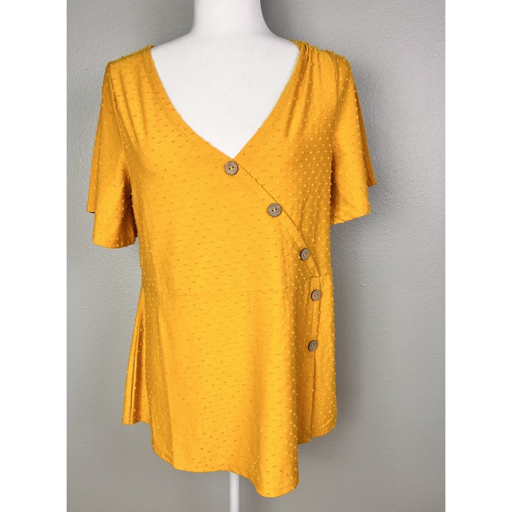Belle Women's Short Sleeve Top‎ Medium Mustard Yellow Button V Neck